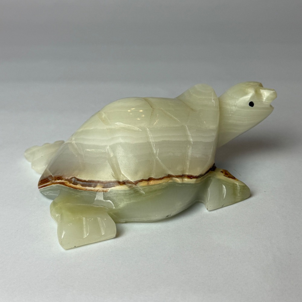 Vintage Hand Carved Green Banded Onyx Turtle Figurine Made in Pakistan